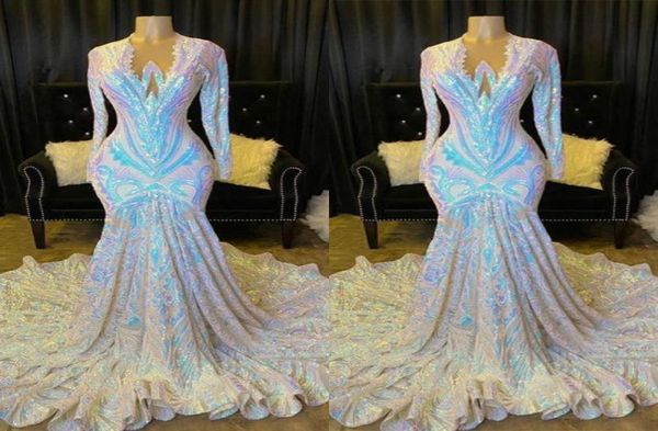 

2022 backless white illusion neck mermaid prom dresses sequins evening dresses open back pageant gowns custom long sleeves bc9892582, Black
