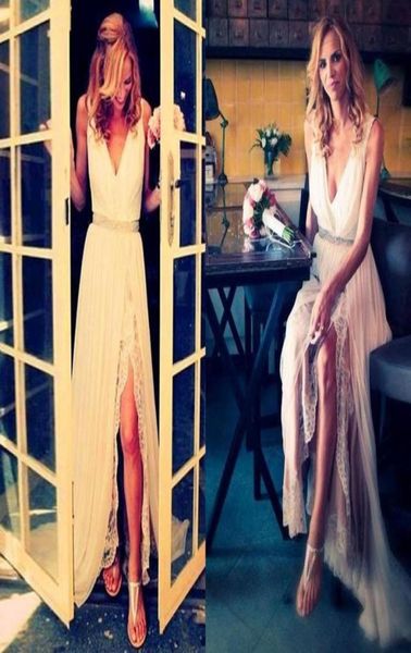 

summer beach bohemian a line wedding dresses backless flow chiffon empire waist side slit lace bridal gowns6333038, White