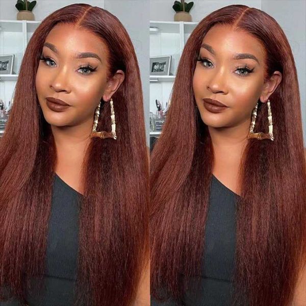 

nxy kinky straight reddish brown lace front wigs 180% density yaki wigs synthetic heat resistant natural brown afro wigs for women 230524, Black;brown