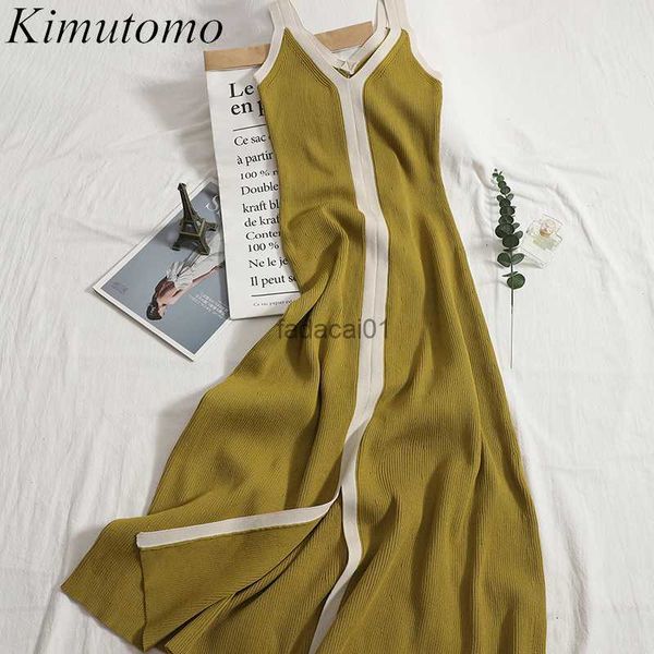 

kimutomo early autumn women dress women contrast color vneck sleeveless split knitted sling vestidos knitwear korea chic l230621, Black;gray