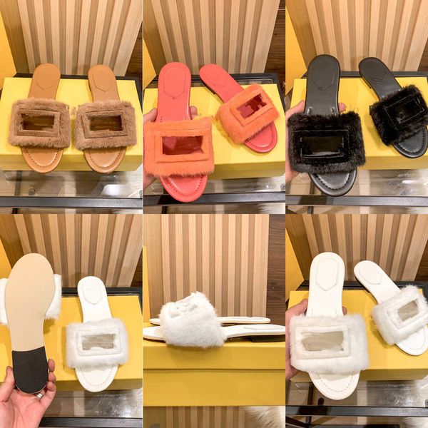 

2023 winter wool indoor fur slippers house full furry soft fluffy f-baguette plush platform flats heel non slip luxury designer shoes fuzzy, Black