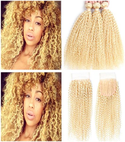 

brazilian blonde human hair weave bundles with closure kinky curly 613 bleach blonde virgin hair 3 bundle deals with 4x4 lace clo2972031, Black