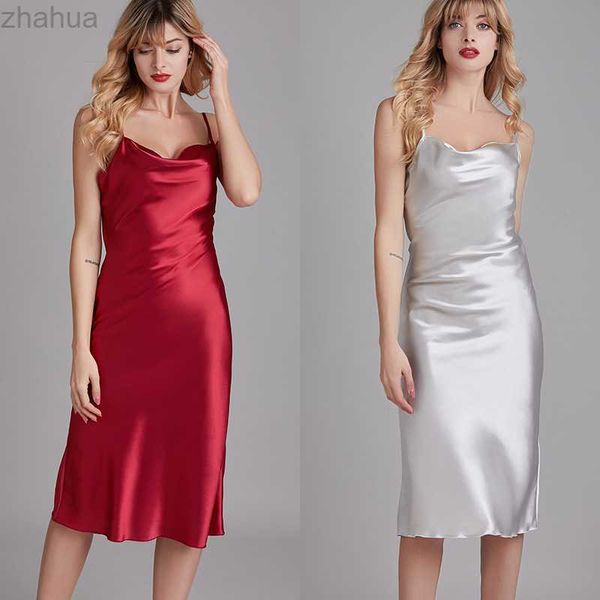 

imitation silk nightshirts satin spaghetti strap chemises nightgown sleepwear dress slim pajamas for women clothes, Black;red