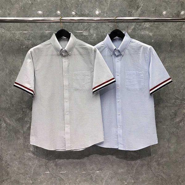 

thom tb men's dress shirt slim fit ultra wrinkle flex collar stretch clothes fashion brand stripe summer short sleeves, White;black