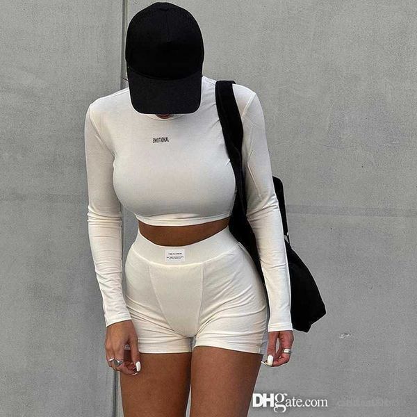 

womens shorts tracksuits knitted round neck long sleeved crop t-shirt sweatshirt two piece sports versatile suit 2023, Gray