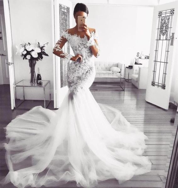 

2022 gorgeous lace mermaid wedding dresses illusion long sleeves sheer court train bridal gowns custom made8263252, White