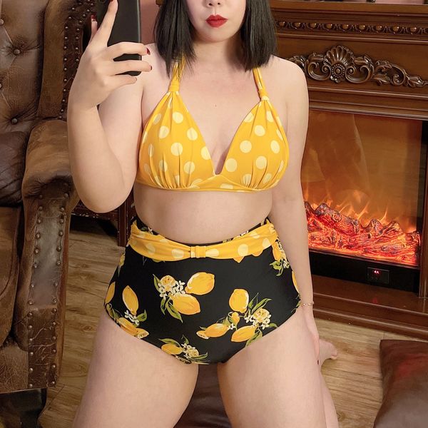 

vintage design summer swimwear women plus size two pieces polka dot print high waist bikini halter strap low-back swimwear bath wear s-3xl, White;black