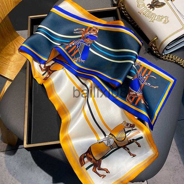 

scarves long horse print silk scarf ribbon women satin neck hair tie band soft neckerchife luxury designer hijab head female foulard j230703, Blue;gray