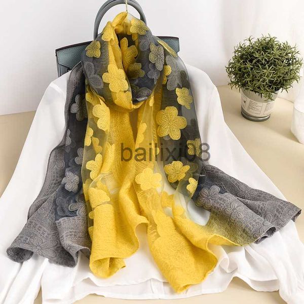 

scarves color matching women scarf summer silk scarves for lady shawls and wraps organza hollowed flowers beh stoles bandana foulard j230703, Blue;gray