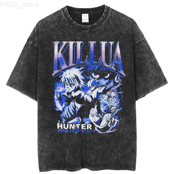 

men's t-shirts vintage washed tshirts for men hunter x hunter hxh killua anime graphic t shirt women harajuku oversize tee cotton stree, White;black