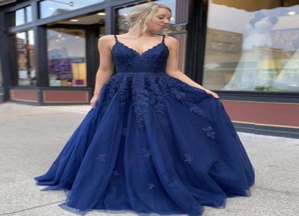 

2022 stylish royal blue lace prom dresses long spaghetti strap v neck evening gowns formal backless prom military ball gown4376088, Black