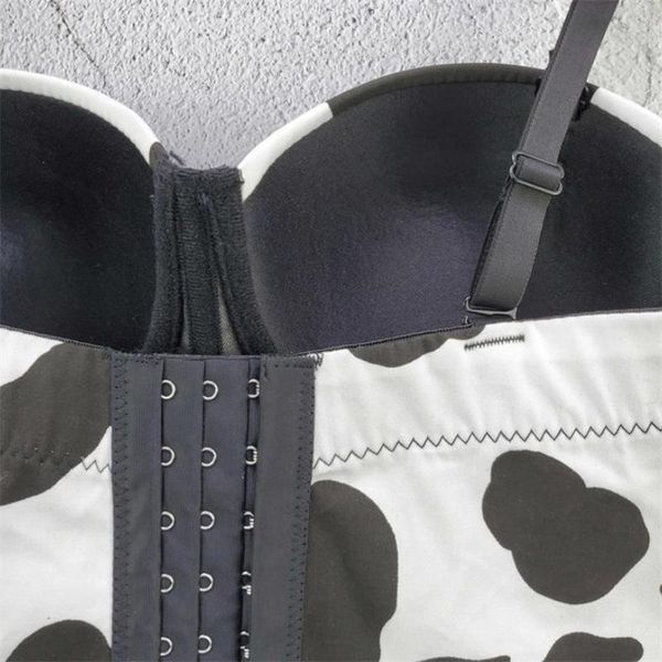 

t-shirt black and white cow pattern printing slim camisole cropped women gathered bustier bra nightclub party tank y1128