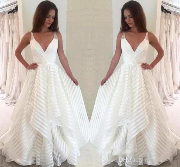 

deep v neck spaghetti straps a line wedding dress stripes lace tulle tiers ruffles floor length bridal gown robe de mariee bc08565061716, White
