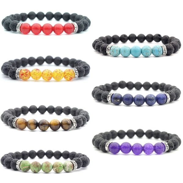 

new 7 chakra stone beads bangle women 8mm natural lava rock charm energy wire bracelets for men s fashion crafts jewelry gift, Black