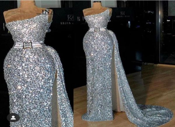

2k19 silver prom dresses sequined african evening gowns one shoulder backless modest party special occasion dress side split6085498752354, Black