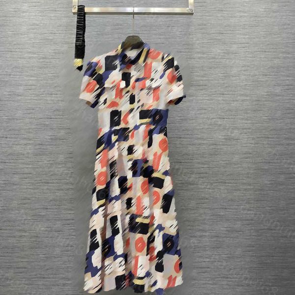 

23ss women dress womens designer clothing summer dresses lapel logo print puffed sleeve long waist dress with belt womens clothing a1, Black;gray