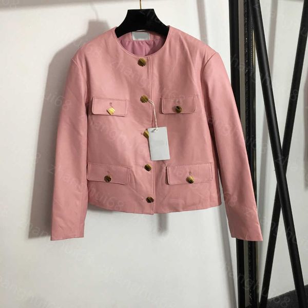 

23ss women leather jacket womens designer clothing four-pocket round collar long sleeve coat 100% imported sheep leather leather coat women, Black