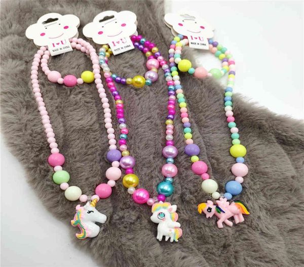 

children039s unicorn jewelry necklace color bracelet set girls dress up accessories8723497, Red;brown