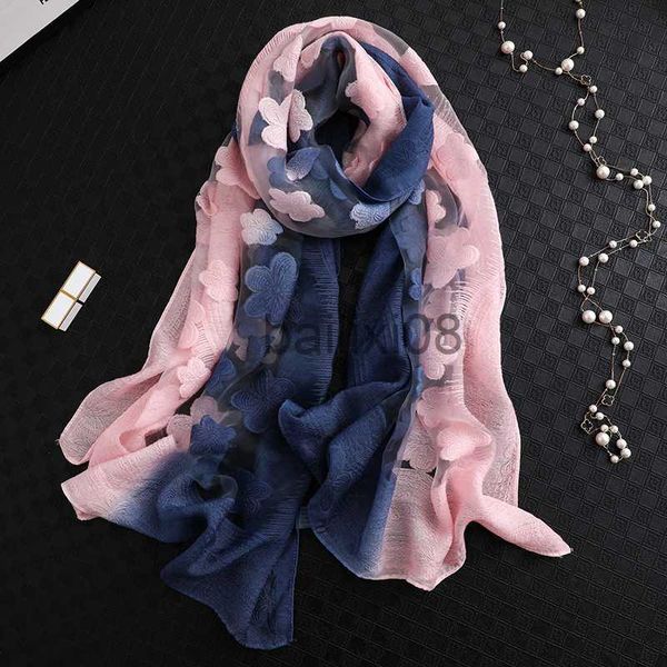 

scarves 2020 new fashion women cut flowers hollow le gradient flower silk scarf spring shawls and wraps towel femme beh sjaals j230703, Blue;gray