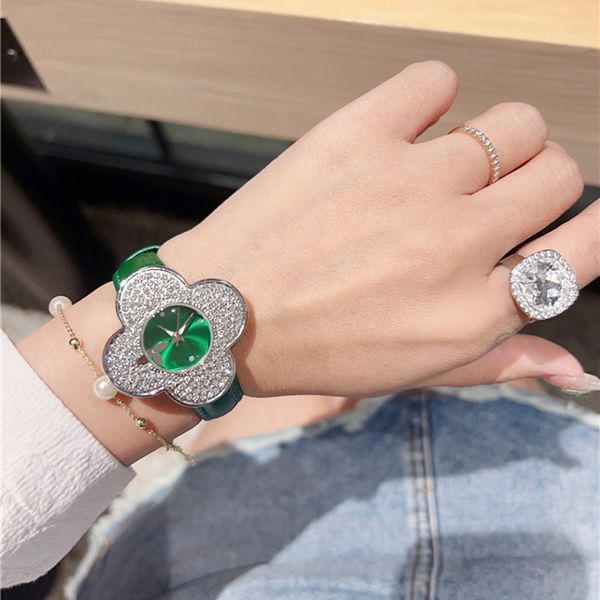 

fashion wrist watch women crystal flower style luxury leather strap quartz watch, Slivery;brown
