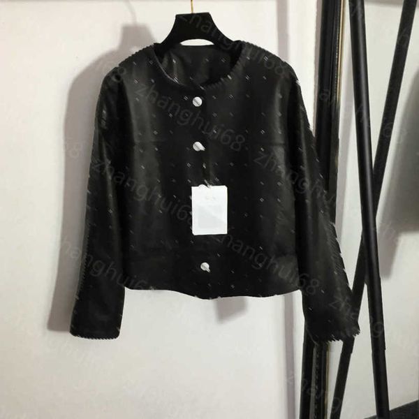 

23ss womens designer clothing women leather jacket full logo print 100% imported sheep leather leather single-breasted round neck long-sleev, Black