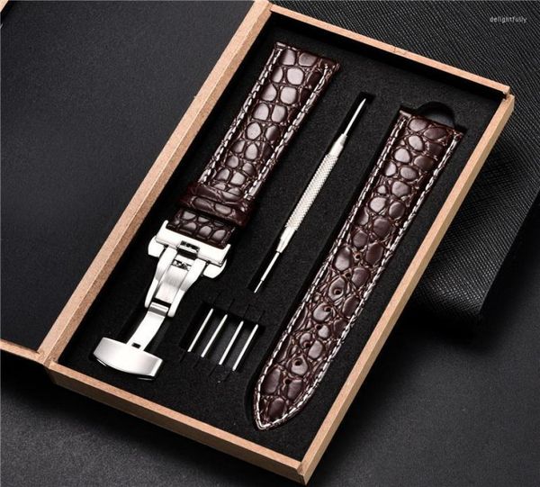 

watch bands luxury crocodile pattern watchband genuine leather straps 18mm 20mm 22mm 24mm with stainless steel automatic clasp ban1122337, Black;brown