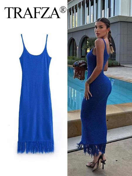 

basic casual dresses trafza summer woman trendy blue square collar tassel decorate sleeveless pullover female knitting long 230701, Black;gray