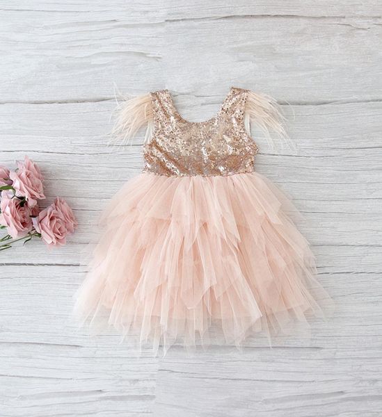 

retail feather sequins tiered girls dress fluffy tulle party kids princess dresses for girls baby clothes 210y e138461305374, Red;yellow