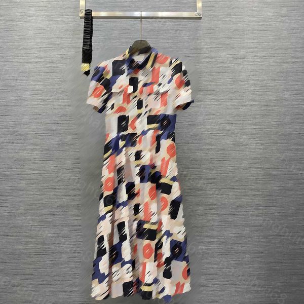 

23ss women dress womens designer clothing summer dresses lapel logo print puffed sleeve long waist dress with belt womens clothing, Black;gray