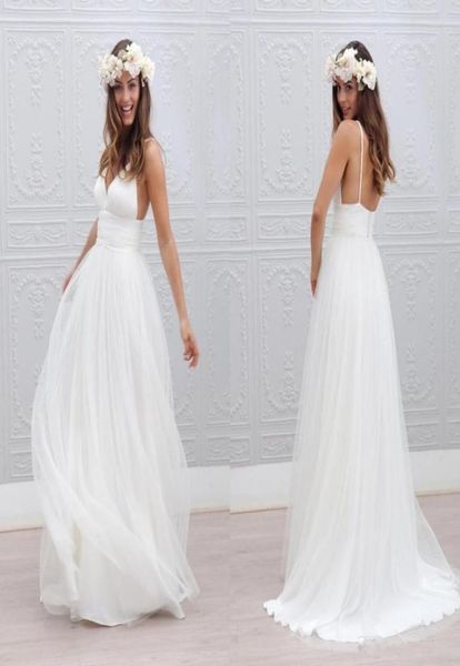 

bohemian beach wedding dresses spaghetti straps pure white ruched tulle 2015 wedding dresses simple style fairy bridal gowns7017140