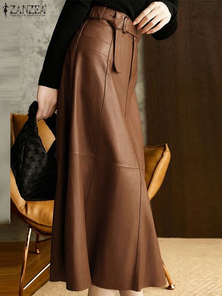 

skirts office lady a line midi fashion pu leather long skirt women high waist autumn belted stitching faldas 230701, Black