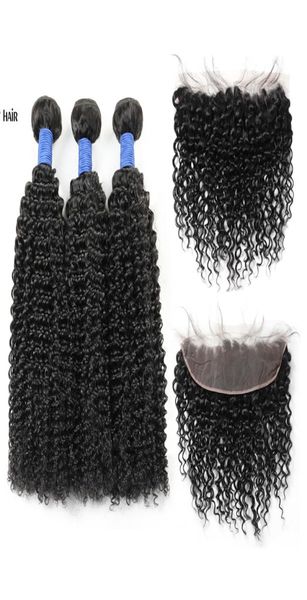 

brazilian peruvian malaysian indian virgin hair kinky curly 3 bundles with 13x4 lace frontal closure 10a grade human hair extensio8668631, Black