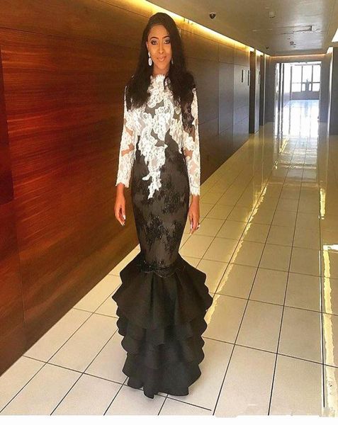 

mermaid white and black evening dresses long sleeve appliques lace ruffles tiered skirt fashion formal party gowns custom size8239867, Black;red