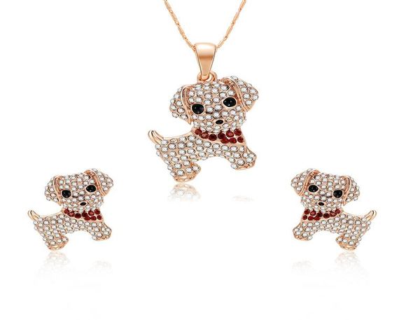 

hc fashion crystal cartoon animal girls kid gift earrings necklace jewelry set cute lovely little dog pendant children jewelry t5328060, Red;brown
