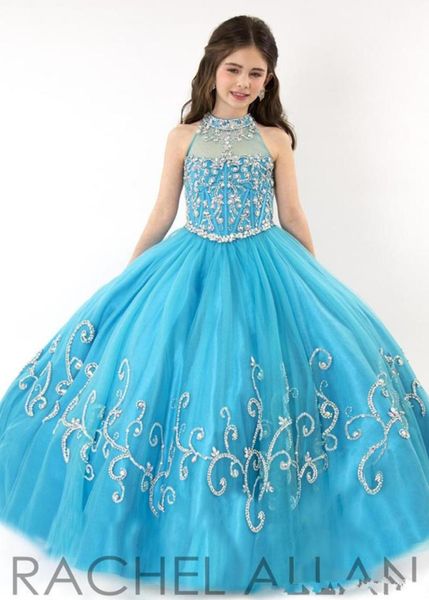 

rachel allan girls pageant dresses sheer high neck tulle blue rhinestone crystal beads glitz ball gown long flower girls gowns hy01993175, White;red