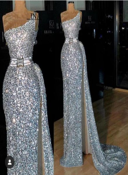 

2k19 silver prom dresses sequined african evening gowns one shoulder backless modest party special occasion dress side split6085495030650, Black