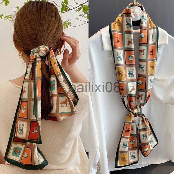 

scarves luxury horse printed silk scarf women brand designer thin long silk scarf girl headband designer stewardess neck scarf silk belt j07, Blue;gray