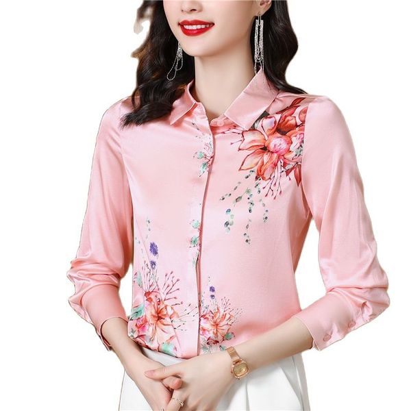 

fashion style floral pink satin shirt long sleeve graceful print lapel button up shirts business plus size blouses 2023 lady back to school, White