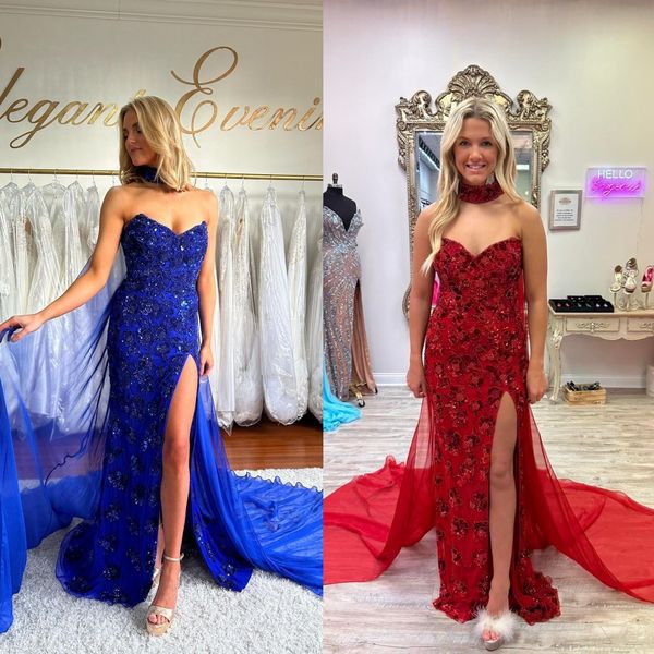 

strapless fully beaded pageant gown 2024 with beaded choker chiffon cape prom birthday evening party gown for lady high slit saudi arabia ro, Red