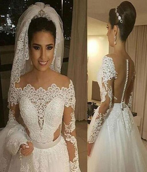 

vintage off the shoulder illusion lace wedding dress with long sleeve custom make bridal gown see through back vestid6361336, White