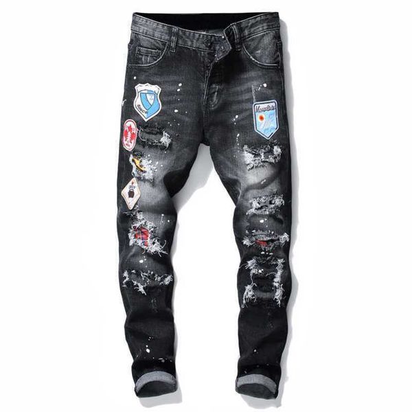 

badge rips men stretch black jeans men's fashion slim fit washed motocycle denim pants panelled hip hop trousers 10200, Blue