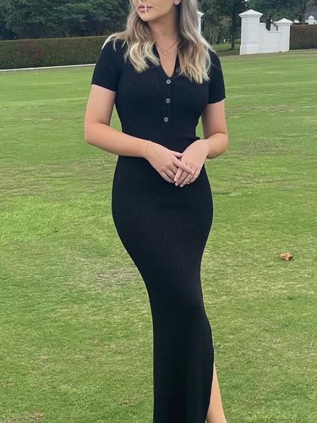 

basic casual dresses women knitted dress with collar summer slim button up simple and elegant formal wrap maxi party for 230701, Black;gray
