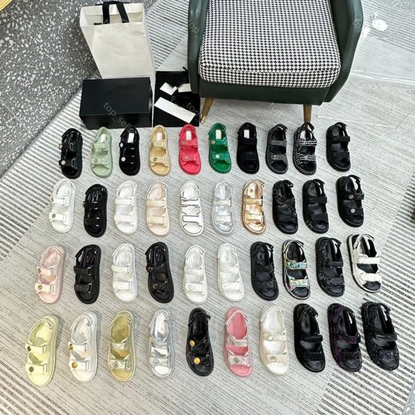 

designer sandals velcro sandal women shoes flat leather calfskin slides round c buckle platform slipper summer outdoor strap slippers, Black