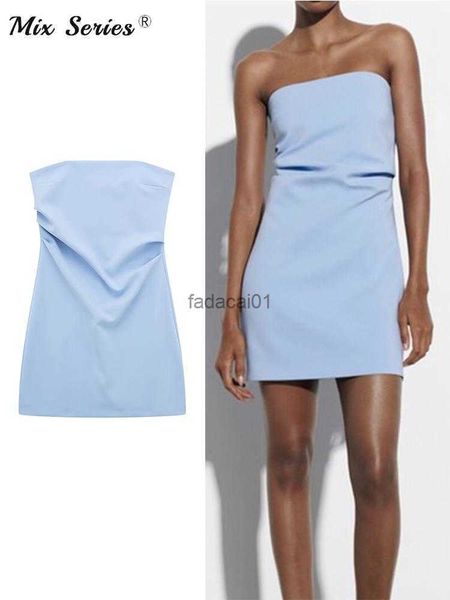 

solid fold strapless corset short dress women summer off shoulder ruched dresses 2023 female pale blue evening party clothe l230621, Black;gray