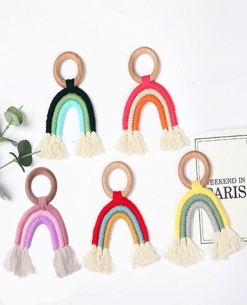 

rainbow toy tassel macrame wooden teether rattle ring newborn nursing teether sensory molar baby shower gifts9366604