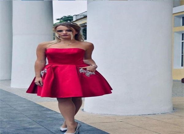 

simple strapless girls graduation dresses with beaded pockets maid of honor dress knee length short homecoming cockatil party gown2531728, Blue;red