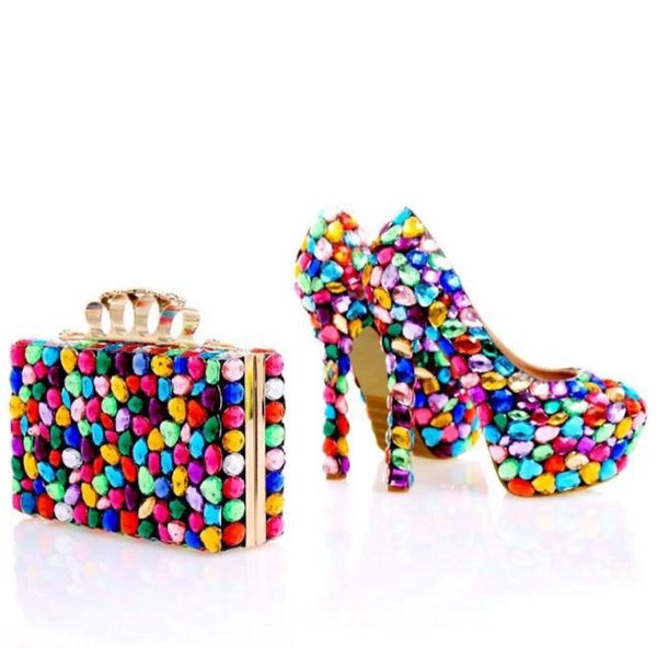 

gorgeous design multicolor rhinestone wedding shoes with matching bag women party prom high heels handmade crystal bridal pumps7033900, Black