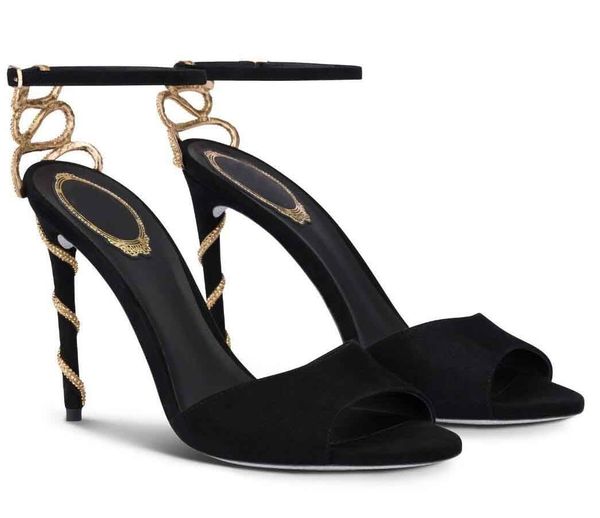 

luxurious renescaovillas morgana sandals shoes gold crystal snake wrapped black high heels suede leather lady gladiator sandalias dress brid