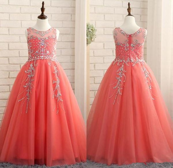 

coral girls pageant dresses crystals beadings sparkly tulle a line floor length birthday party dress flower girl custom made5771023, White;red