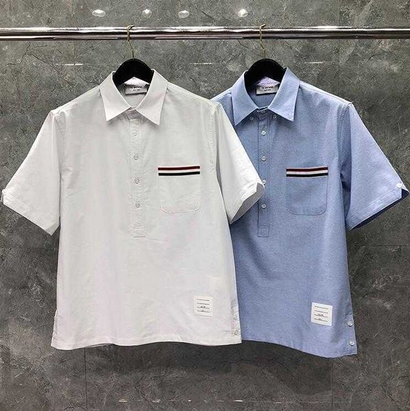 

2023 fashion brand tb thom shirts men slim pocket striped pullover casual tb shirt turn down collar oxford solid men's clothing, White;black